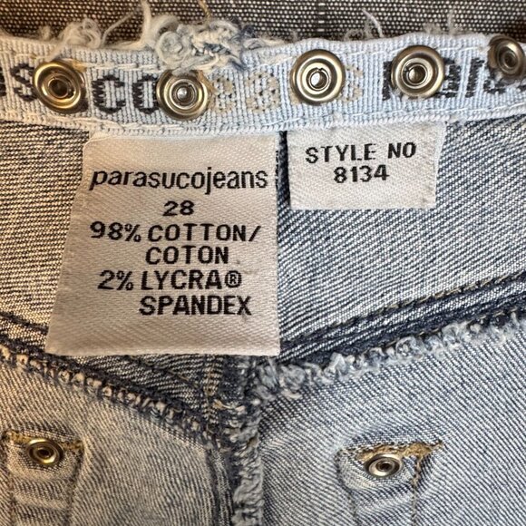 Y2K Vintage Parasuco Mid Rise Clear Rhinestone Raw Waist Flare Leg Jeans Size 4 - Picture 14 of 16